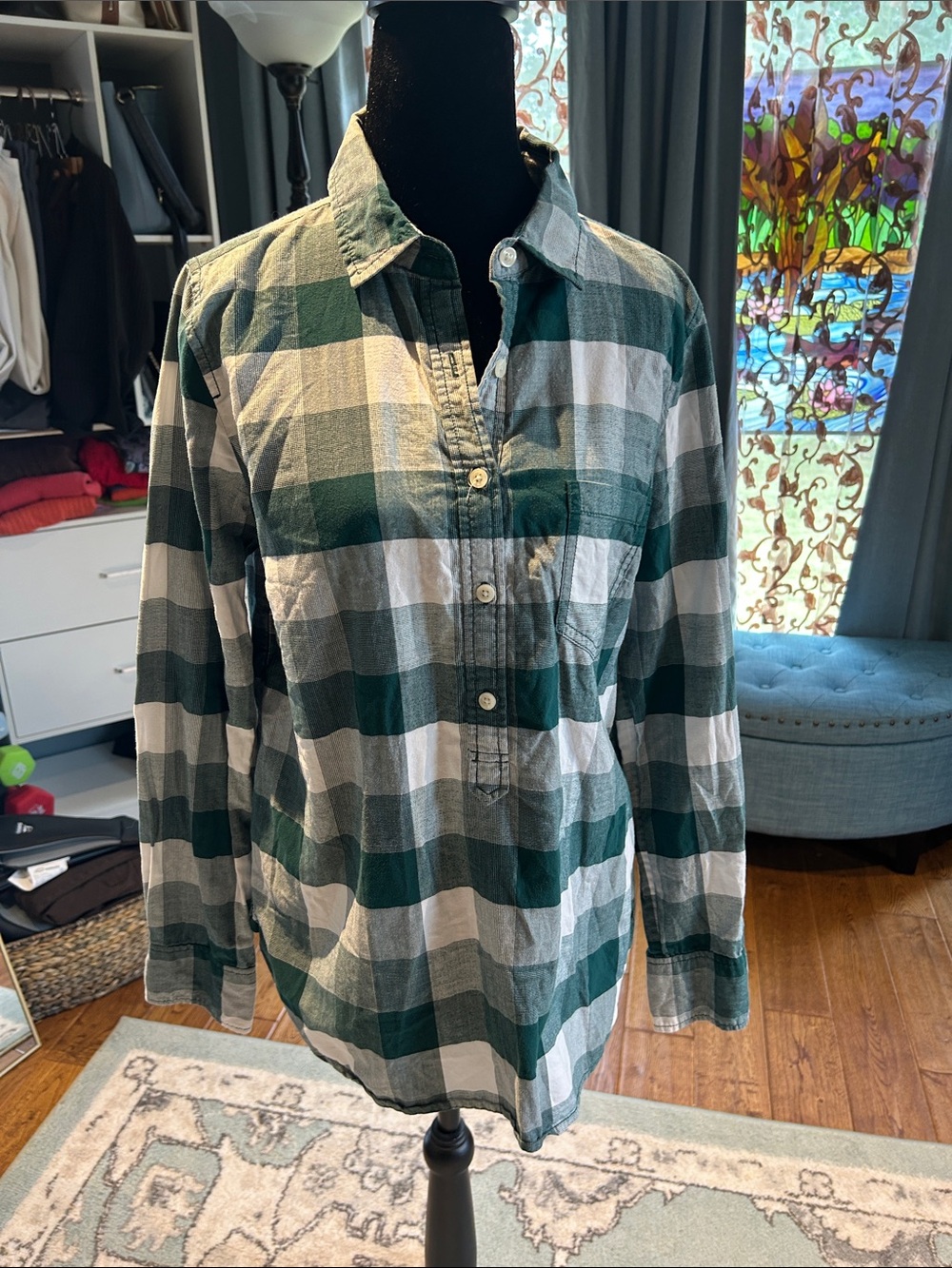 J. Crew Green and White Plaid Button-Front Shirt